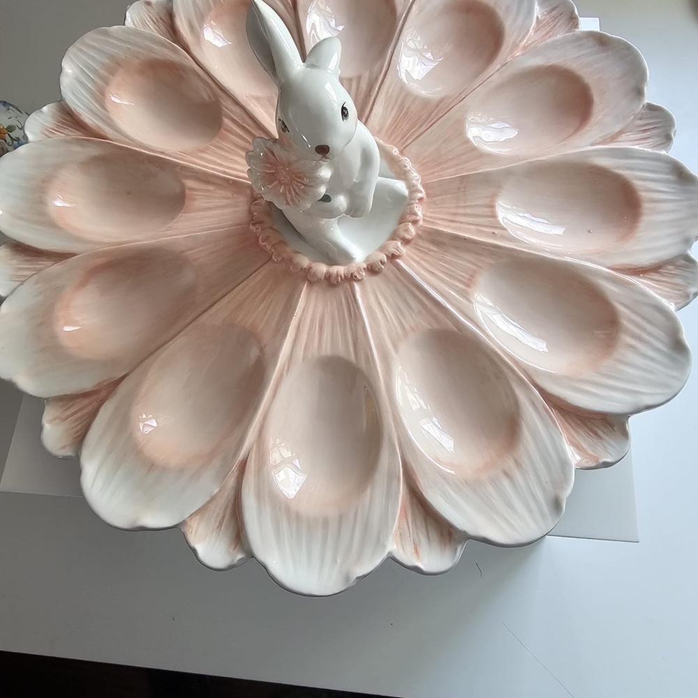 Ceramic Bunny Egg Platter in Soft Pink and White